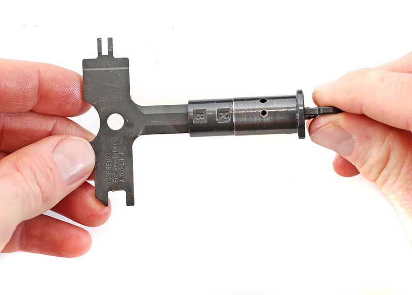 The gas tube assembly on the CZ Bren 2 Ms can be cleaned on both the outside and inside with the scraper portions of the supplied multi-tool.