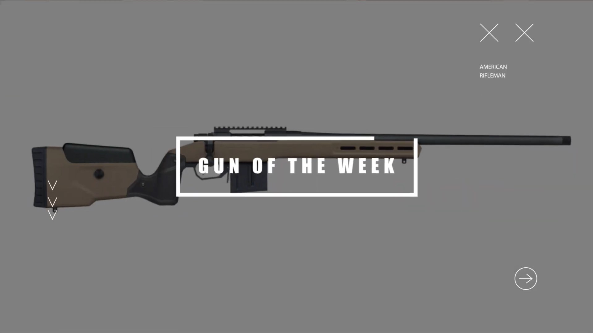 GUN OF THE WEEK text box title screen overlay right-side view Mossberg Patriot LR Tactical bolt-action rifle flat dark earth MDT stock background AMERICAN RIFLEMAN text arrow XX