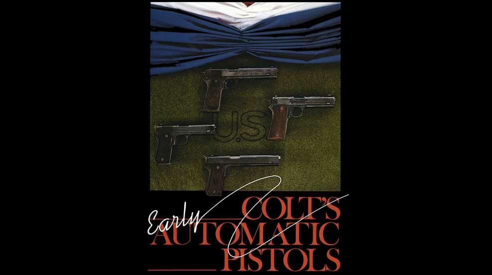 Magazine article cover with text showing colt firearms pistols black background