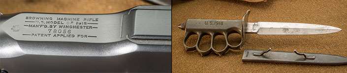 Browning BAR serial number stamping on left and trench knife on right with sheath.