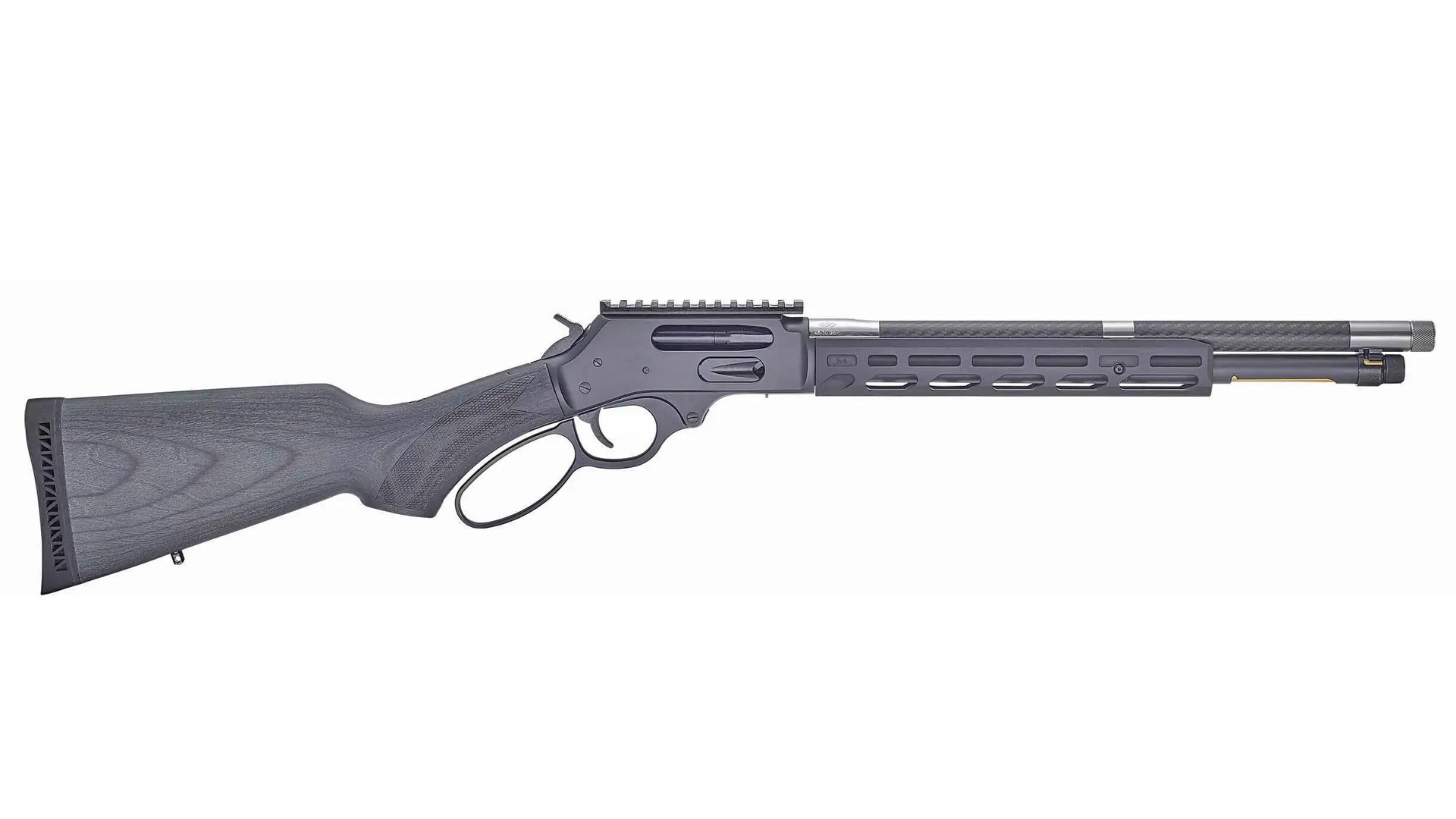 Right side of the all-black Henry HUSH lever-action rifle chambered for .45-70 Gov't.
