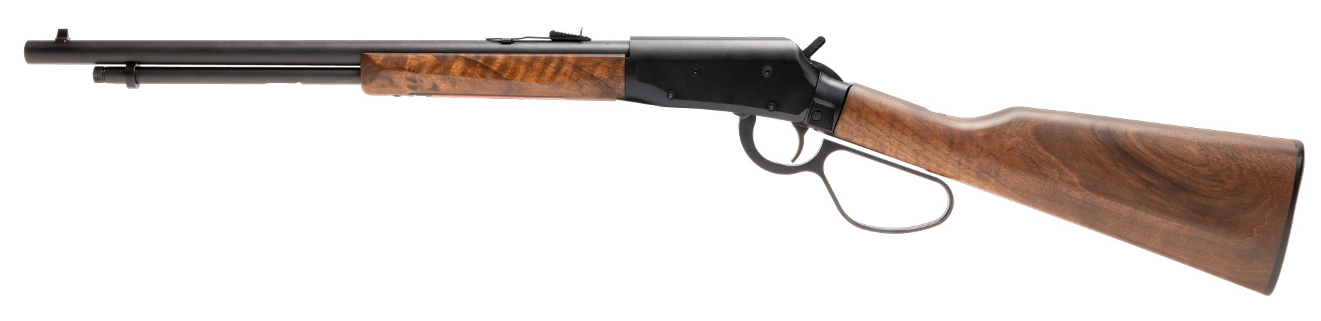 Savage Revel Classic left-side view black rifle with brown walnut furniture stock gun lever-action .22 rimfire .22LR