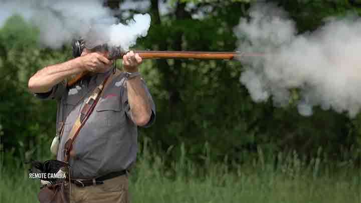 A flintlock Kentucky Rifle firing.