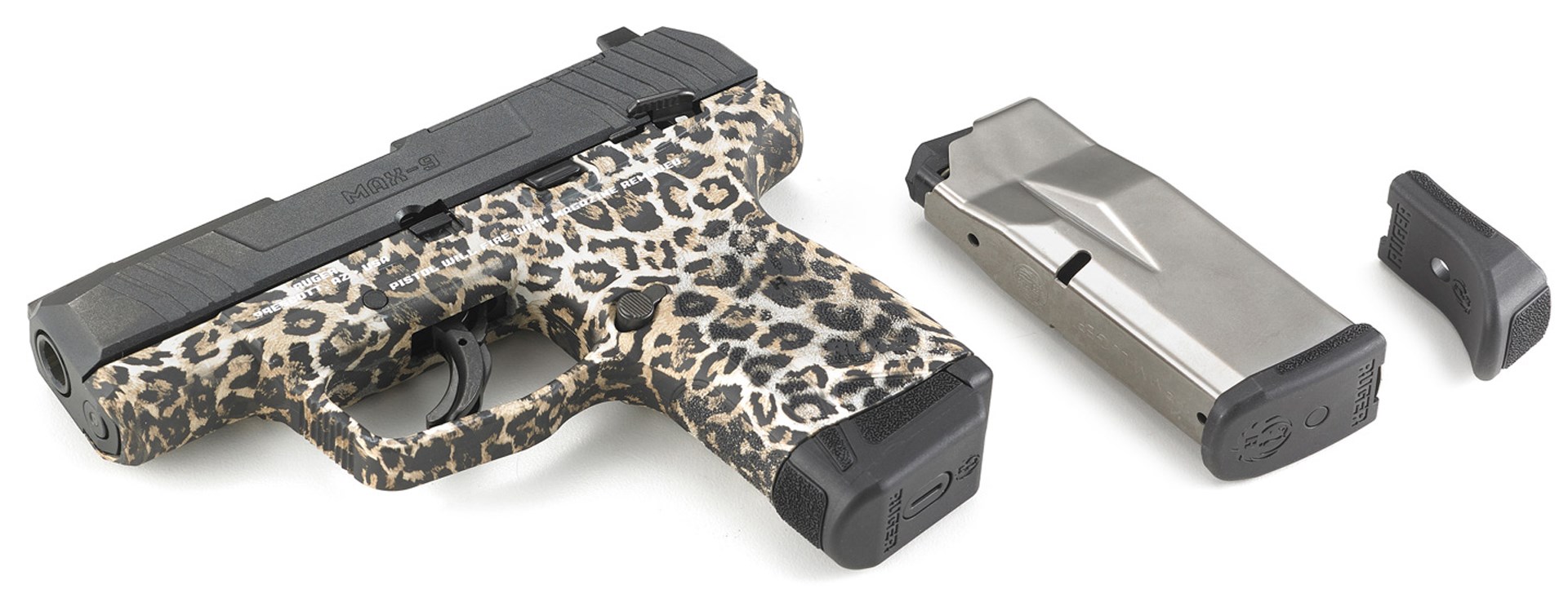 Ruger MAX-9 handgun pistol leopard print gun camo stainless steel magazine left-side view