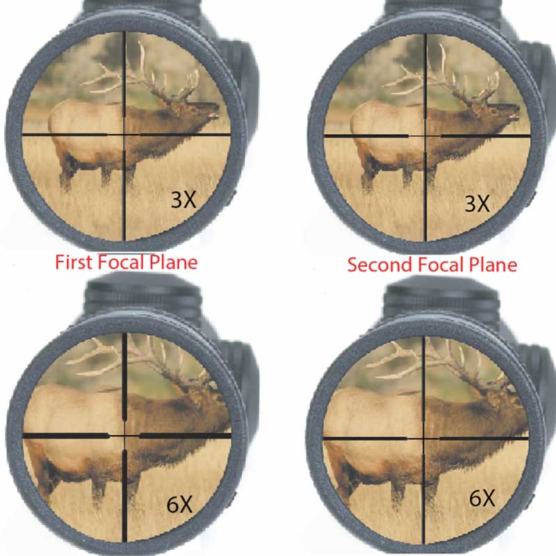 four riflescope views crosshair reticle compare elk magnification 3X 6X first and second focal plane