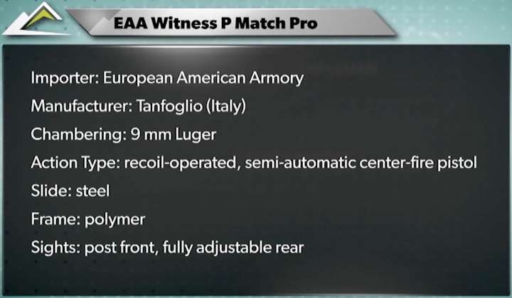 Spec table for EAA Witness P Match Pro pistol.