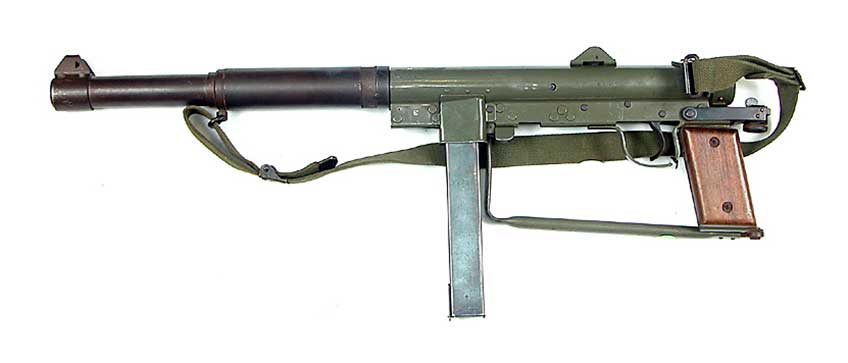 Swedish K submachine gun shown left side on white.