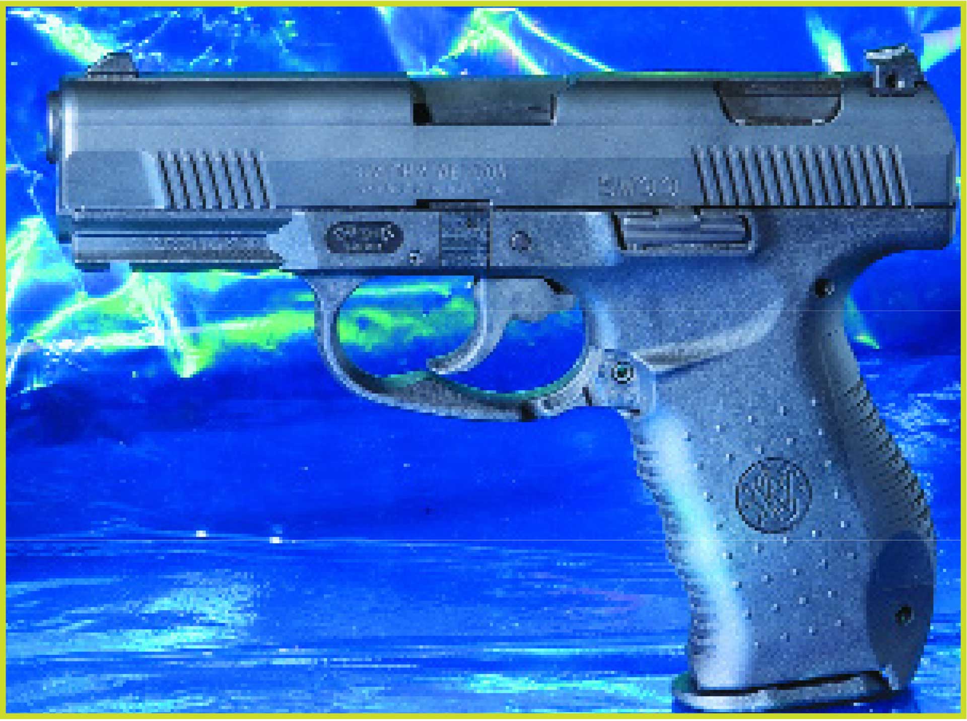 blue background black gun pistol handgun left side