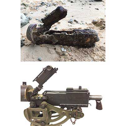 A comparison between the M1917A1 Heavy Machine Gun receiver and top cover that the author found on White Beach on March 27, 2017 and an example in slightly better condition.