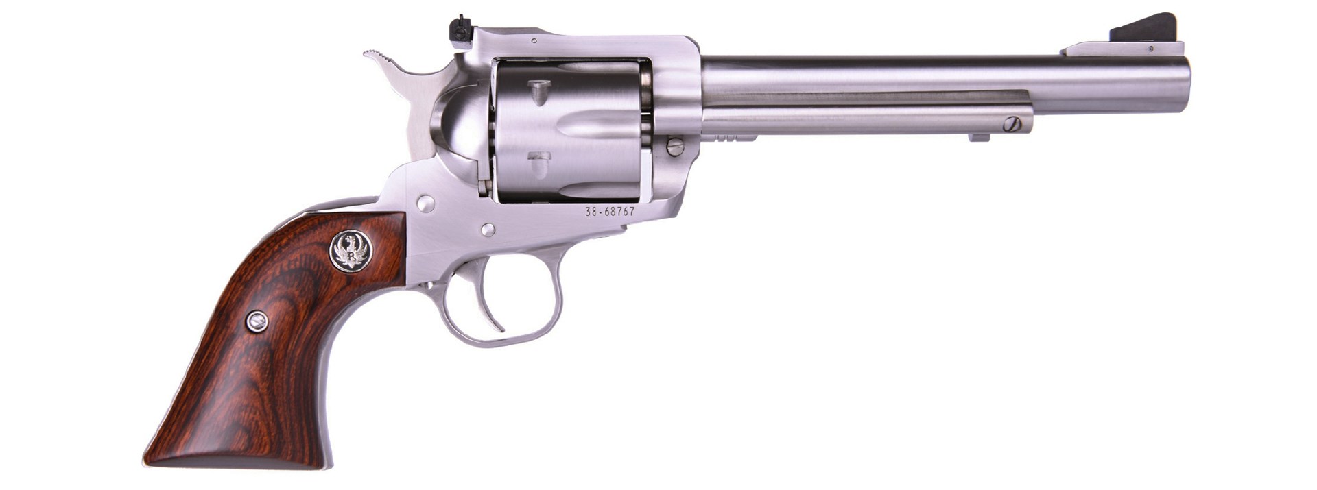Right-side view full length on white of Ruger Blackhawk single-action revolver wheelgun stainless steel wood grips