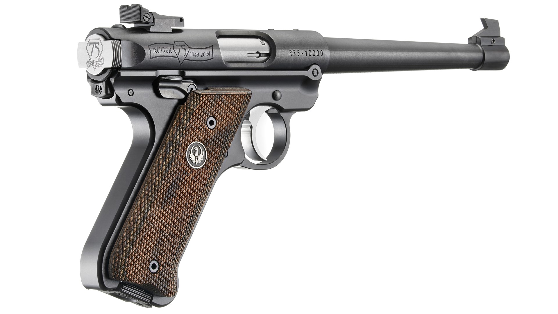 Angled right-side shot of the Ruger 75th Anniversary Mark IV pistol.