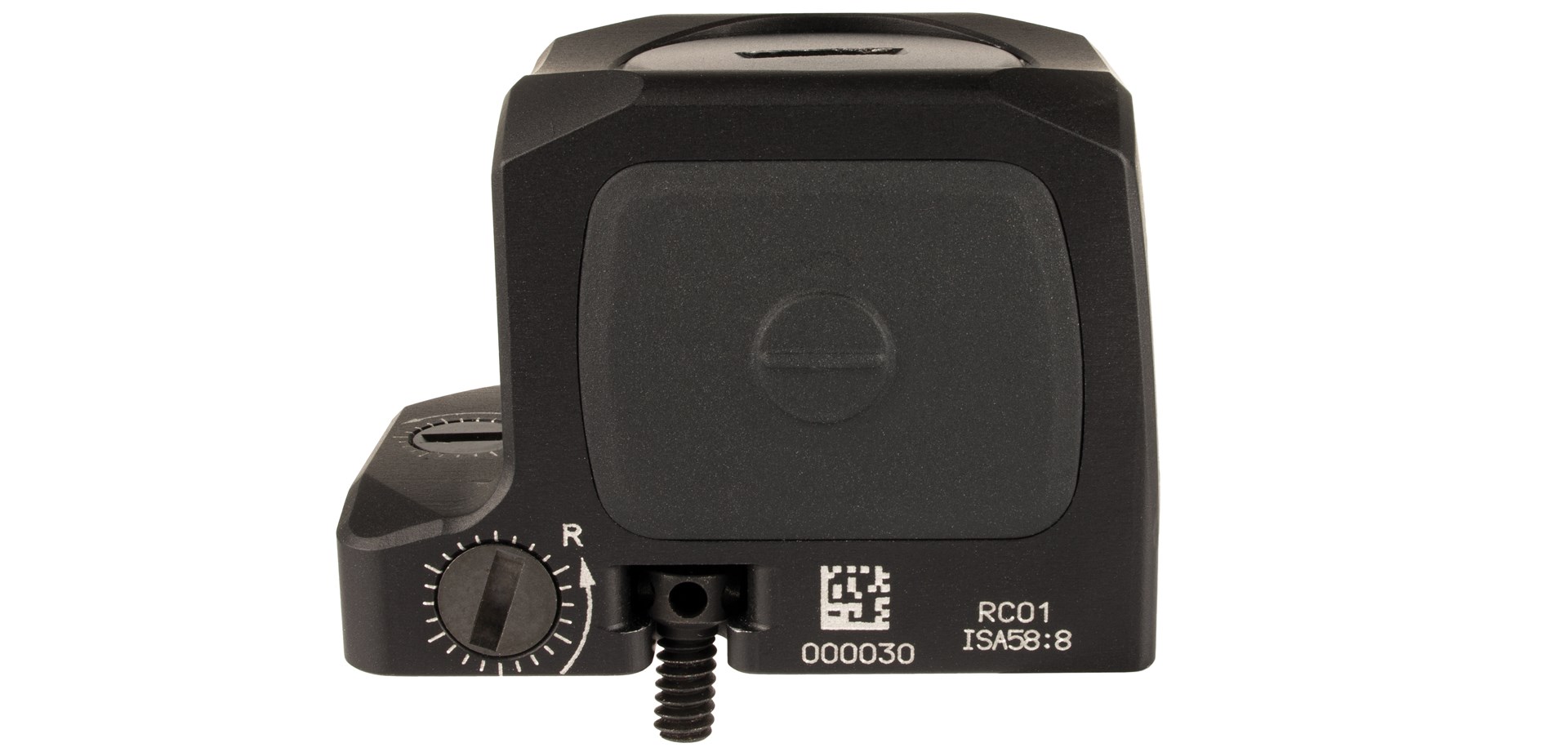 Right-side view Trijicon RCR closed-emitter optic red-dot black square housing button dial screw