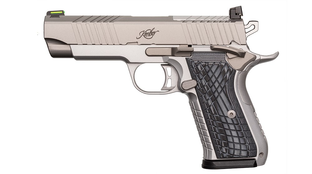 Kimber KDS9c left-side view on white stainless steel gun pistol gray grips
