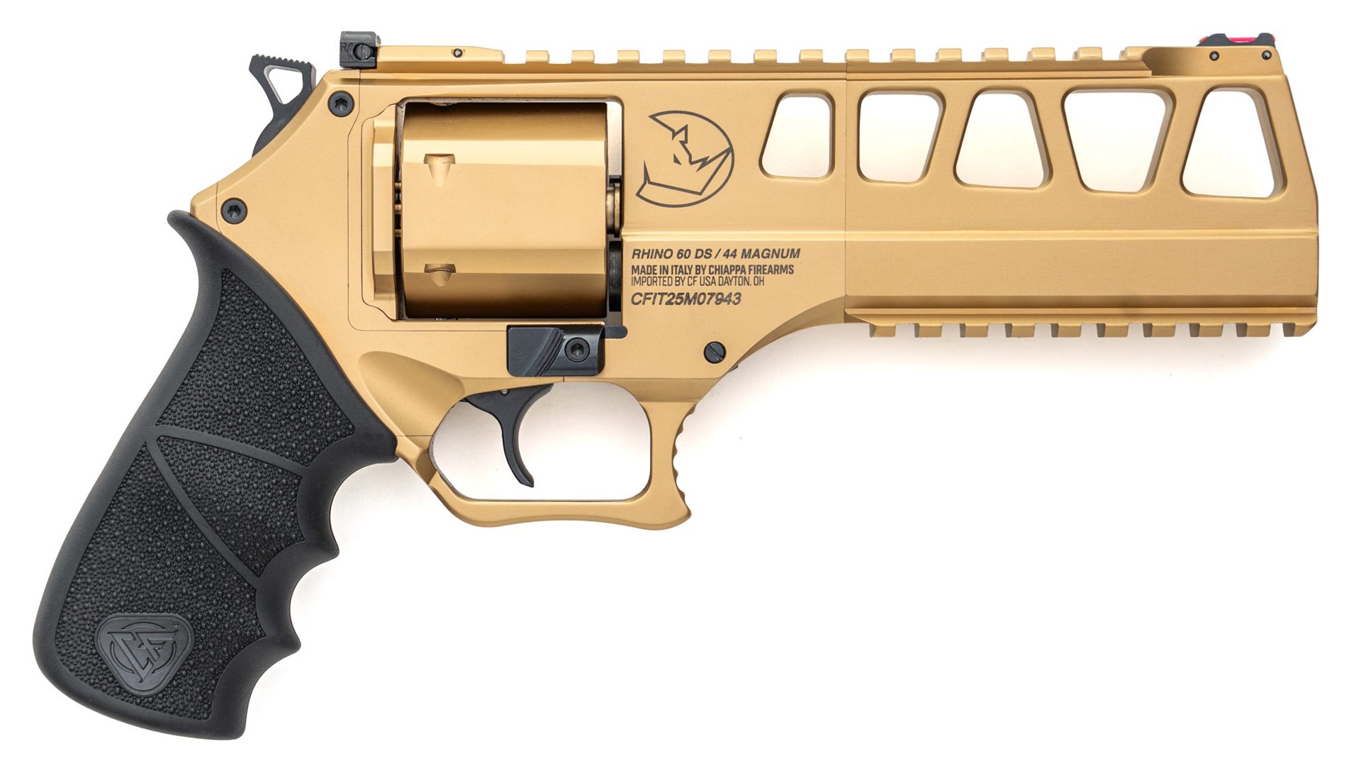 Right side of the gold-finished Chiappa Rhino 60DS revolver.