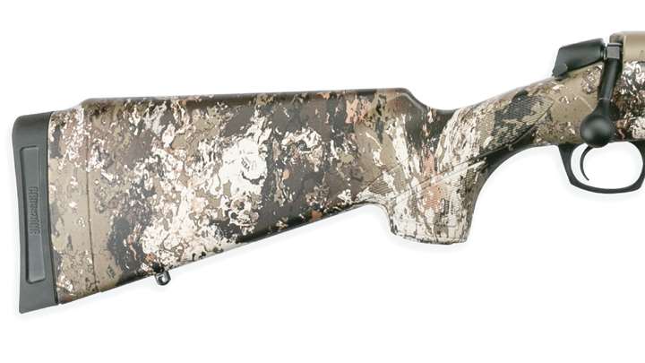 Camouflage rifle stock shown on white background.