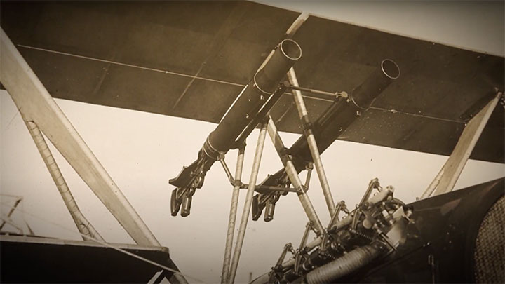 Two modified Lewis machine guns being used on an aircraft during World War I.