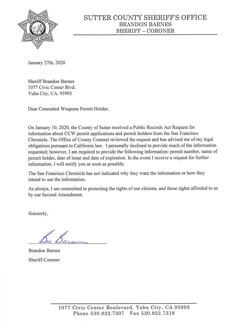 Sutter County Sheriff Brandon Barnes&#x27; letter to county residents who currently hold a California Concealed Weapons Permit.