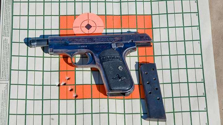 The 5 yd. accuracy test results with the Colt Model 1903 handgun chambered in .32 ACP.