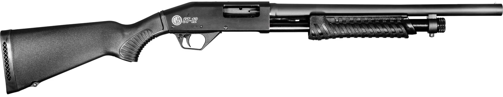 Right-side view on white of Rossi ST12 pump-action shotgun