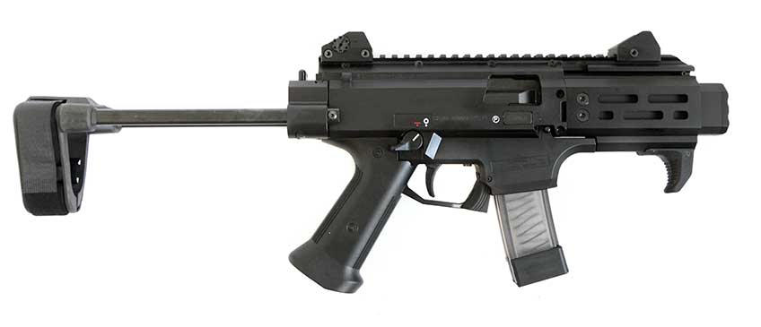 A 2019 model of the CZ Scorpion Micro S2 pistol. The right side is shown with arm brace extended.