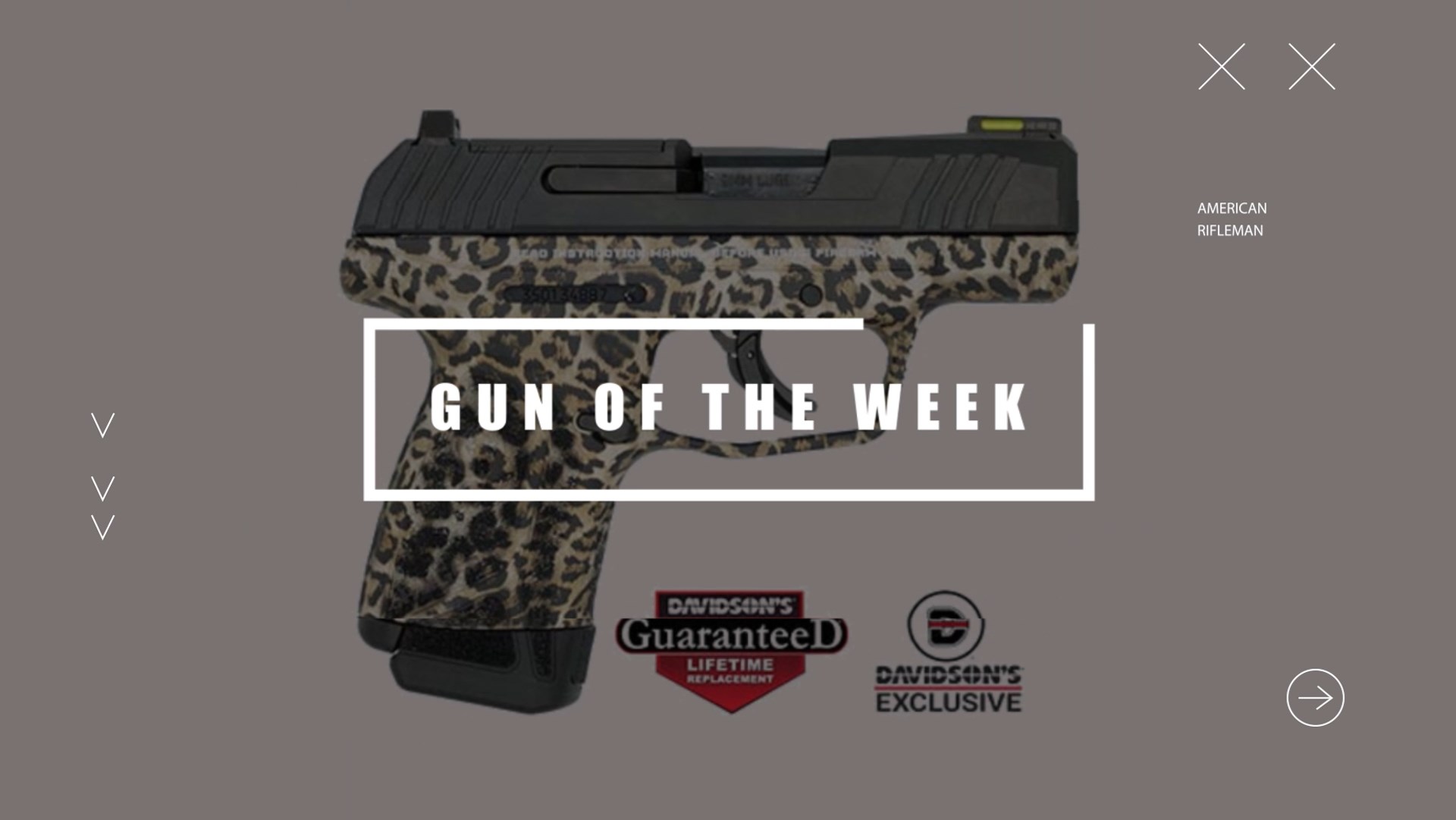 GUN OF THE WEEK title screen text on image leopard print gun ruger max-9 optc-ready micro-compact pistol handgun 9 mm luger right side