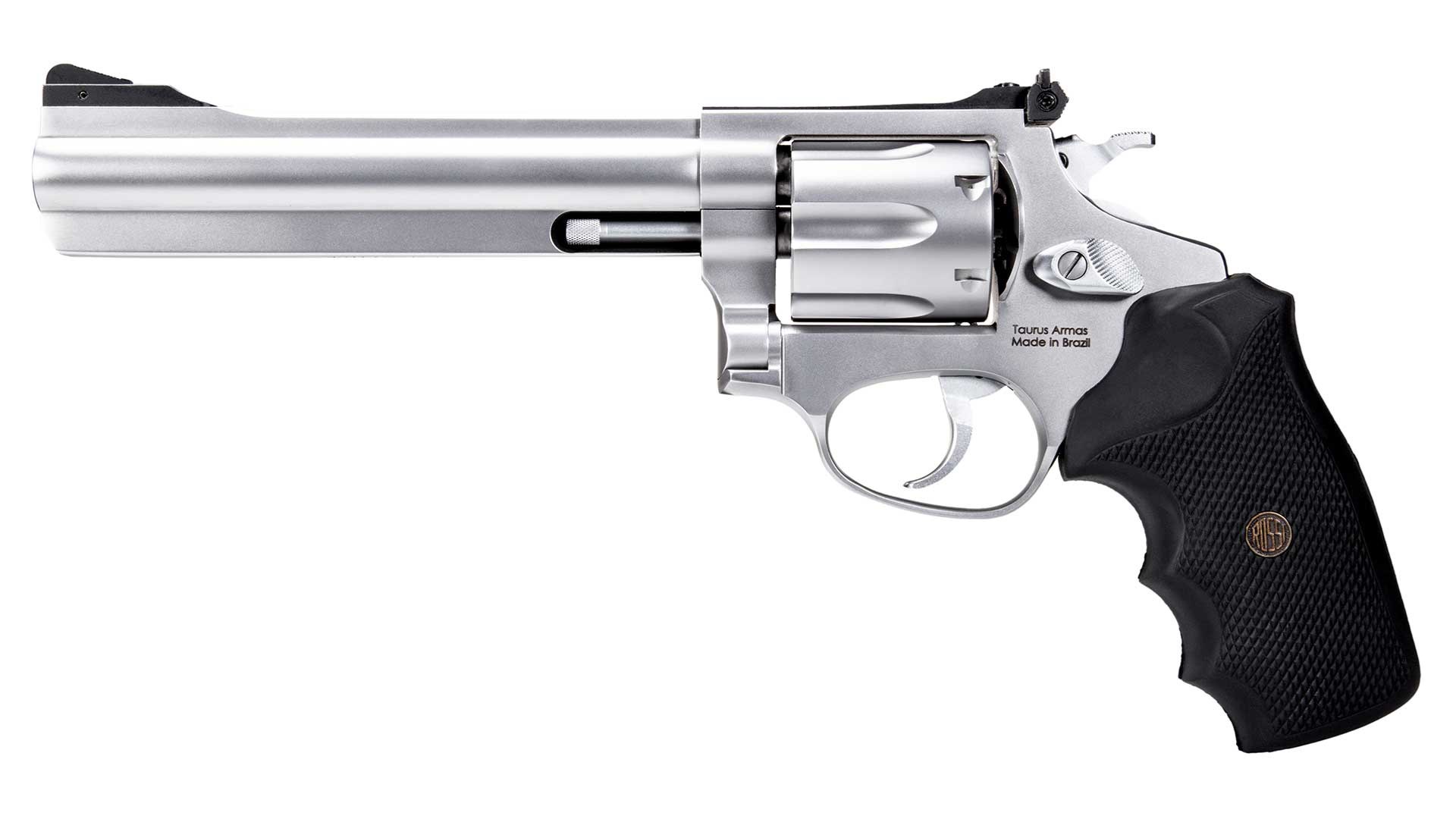 A 6-inch barreled Rossi RM66 stainless-steel revolver's right side shown on white with a squared-off black rubber grip.