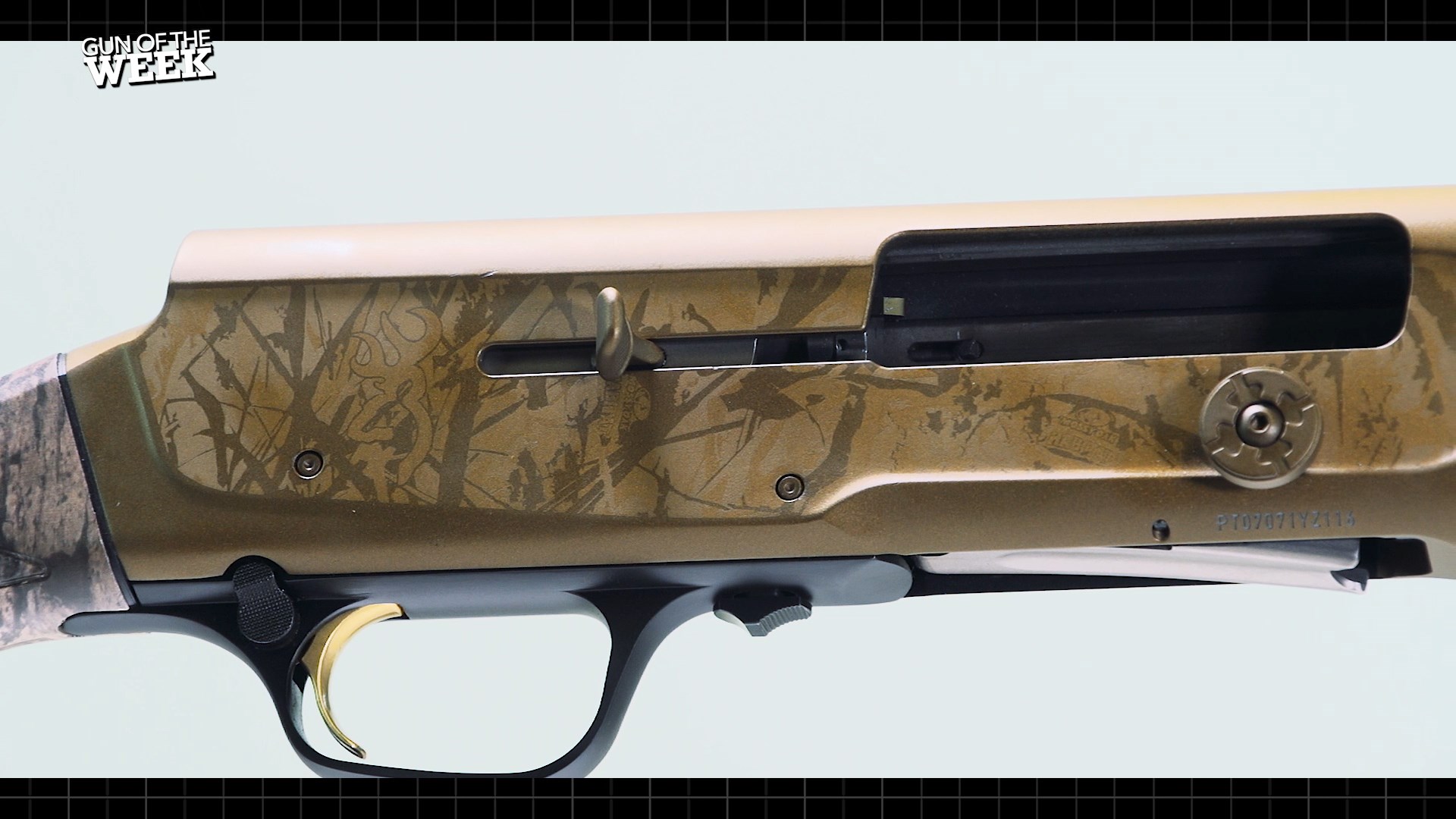 browning auto-5 shotgun receiver cerakote finish camouflage gun right-side view closeup detail parts semi-auto text on image noting GUN OF THE WEEK