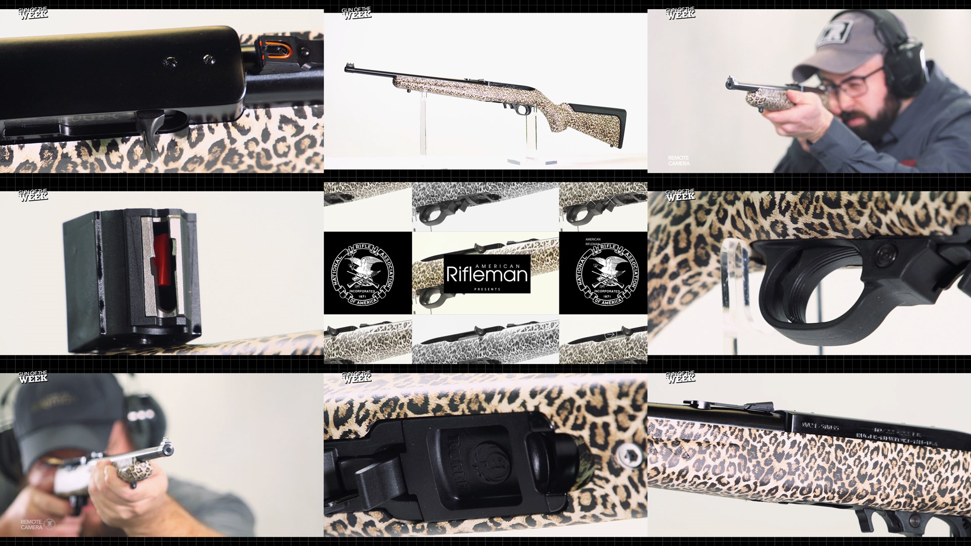 AMERICAN RIFLEMAN logo NRA logo center tiles 9 images stack mosaic men shooting leopard print ruger 10/22 rifle carbine gun .22LR rimfire semi-automatic