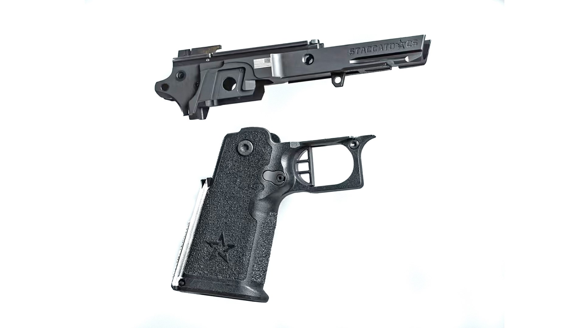 Staccato 2011 pistol frame and grip asssemblies separated