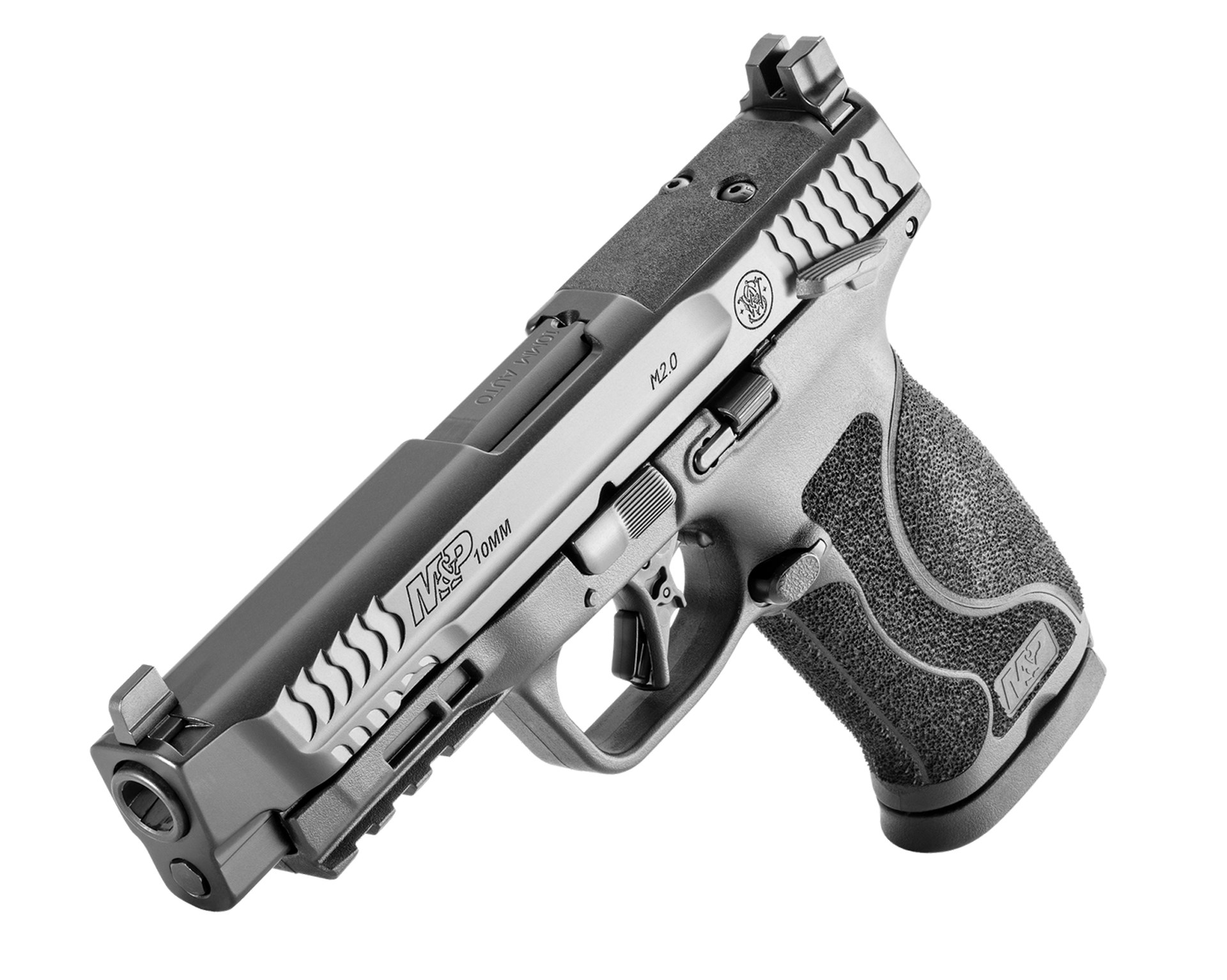left-side quartering view of smith&wesson m&p 2.0 10mm auto pistol handgun black gun on white background