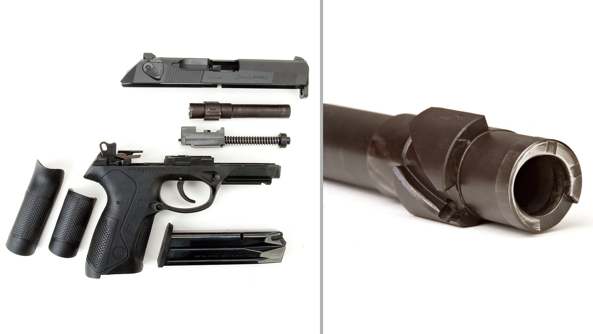 Close-up of the Beretta Px4 barrel and components of the pistol when fieldstripped gun parts