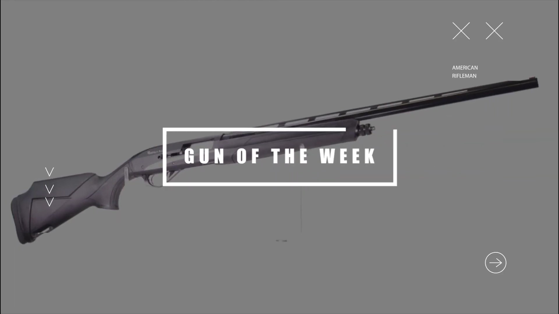 Impala Plus Nero S shotgun GUN OF THE WEEK AMERICAN RIFLEMAN text overlay shotgun background gray