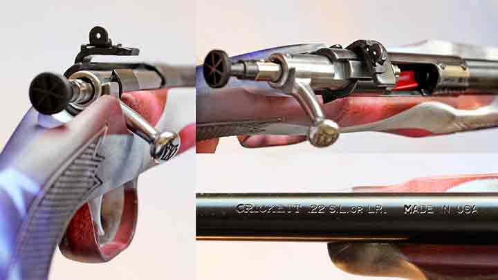 Features of the Keystone Sporting Arms Crickett include an aperture rear sight, adjustable for windage and elevation (left), an EZ-Load ramp (top right). Keystone makes Crickett and Chipmunk rifles in Milton, Penn.