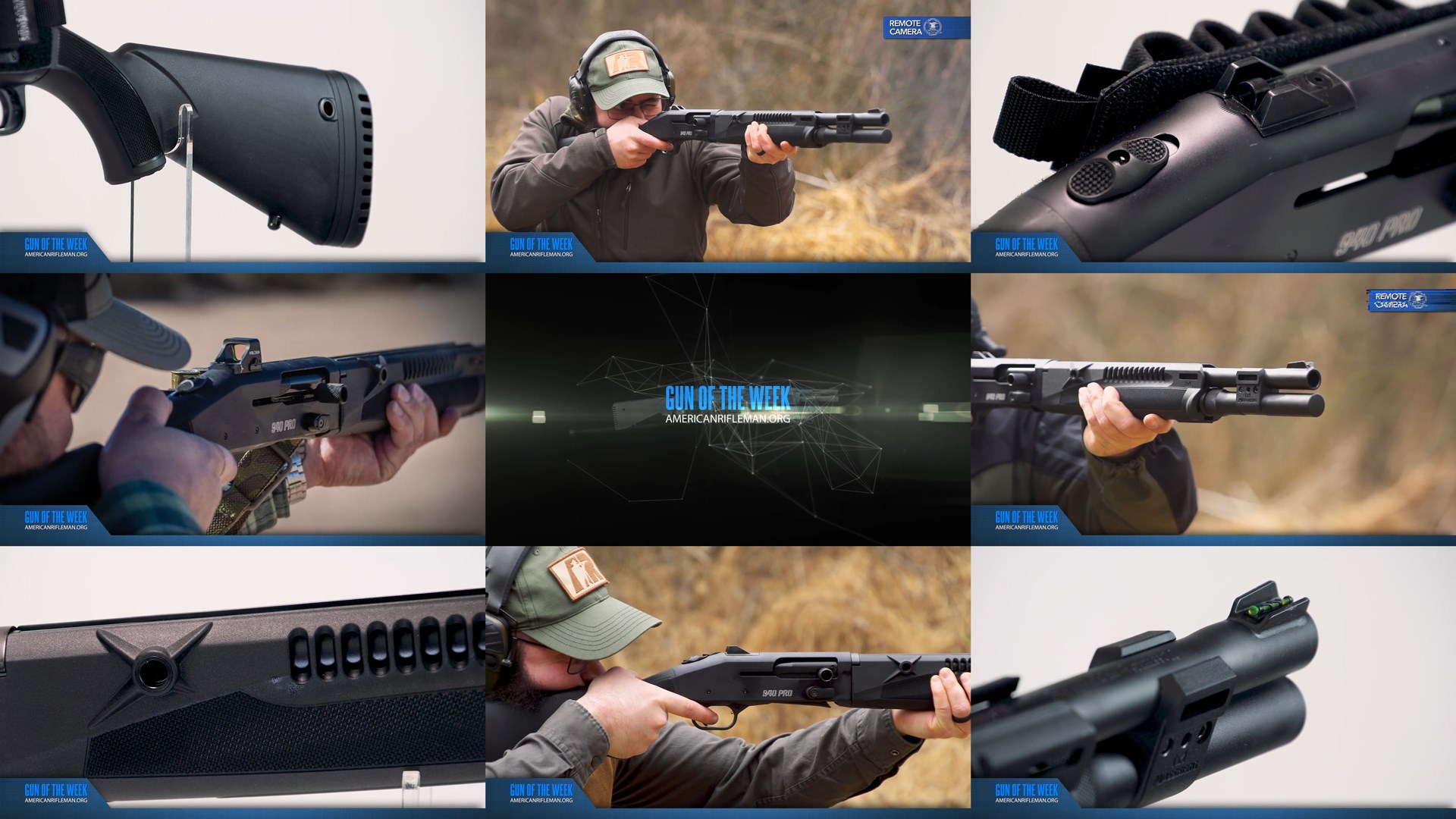 GUN OF THE WEEK text center tile of nine Mossberg 940 Pro Tactical SPX gun shotgun closeup details men shooting outdoors