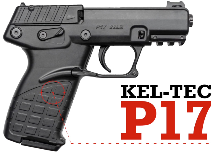 Right-side view of Kel-Tec P17 pistol on white background with text on image describing make and model.