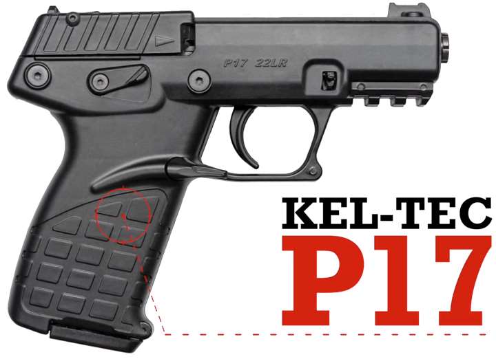 Right-side view of Kel-Tec P17 pistol on white background with text on image describing make and model.