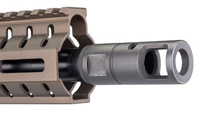 Right-side view on white background of CMMG banshee barrel and muzzle.