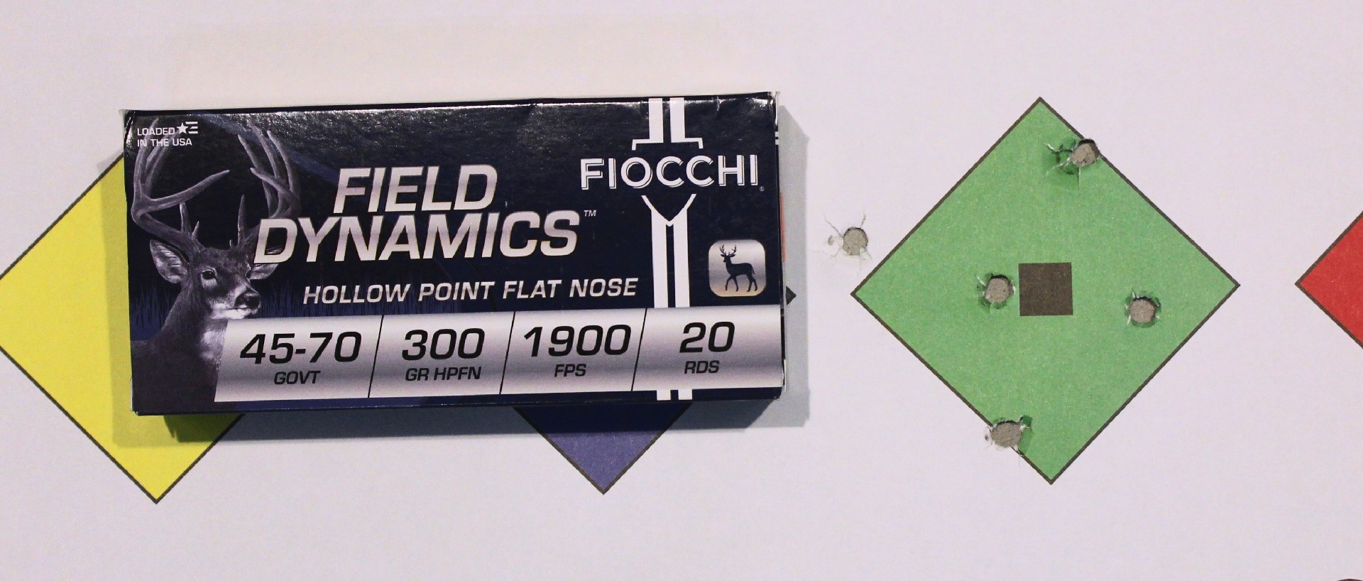 fiocchi field dynamics ammunition box with target diamond colored shapes accuracy group