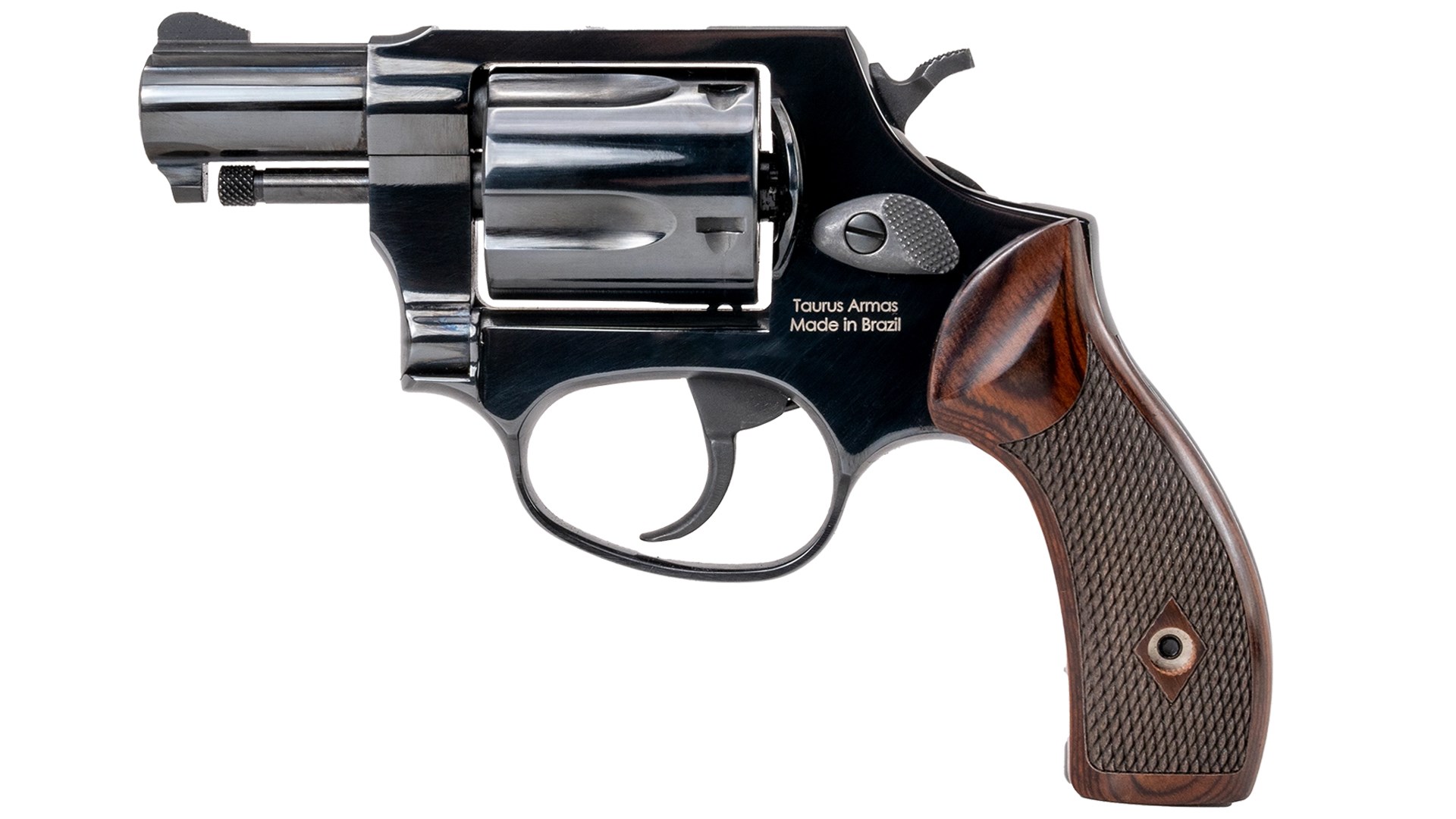 Heritage Manufacturing Roscoe 2" barreled revolver left-side view blued alloy steel fluted cylinder wood stocks grip shown on white background