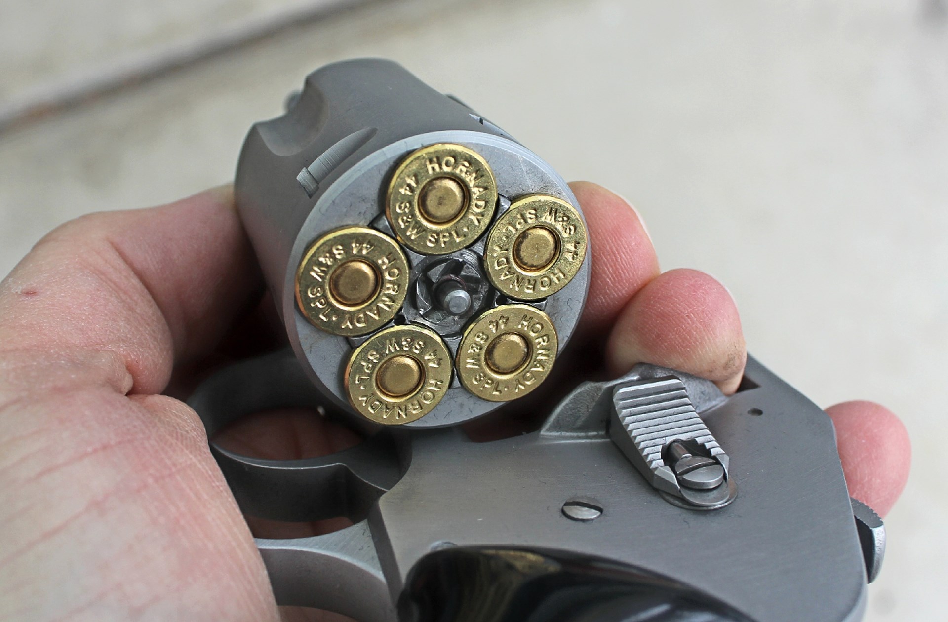 stainless steel revolver cylinder ammunition loaded brass ammo hand