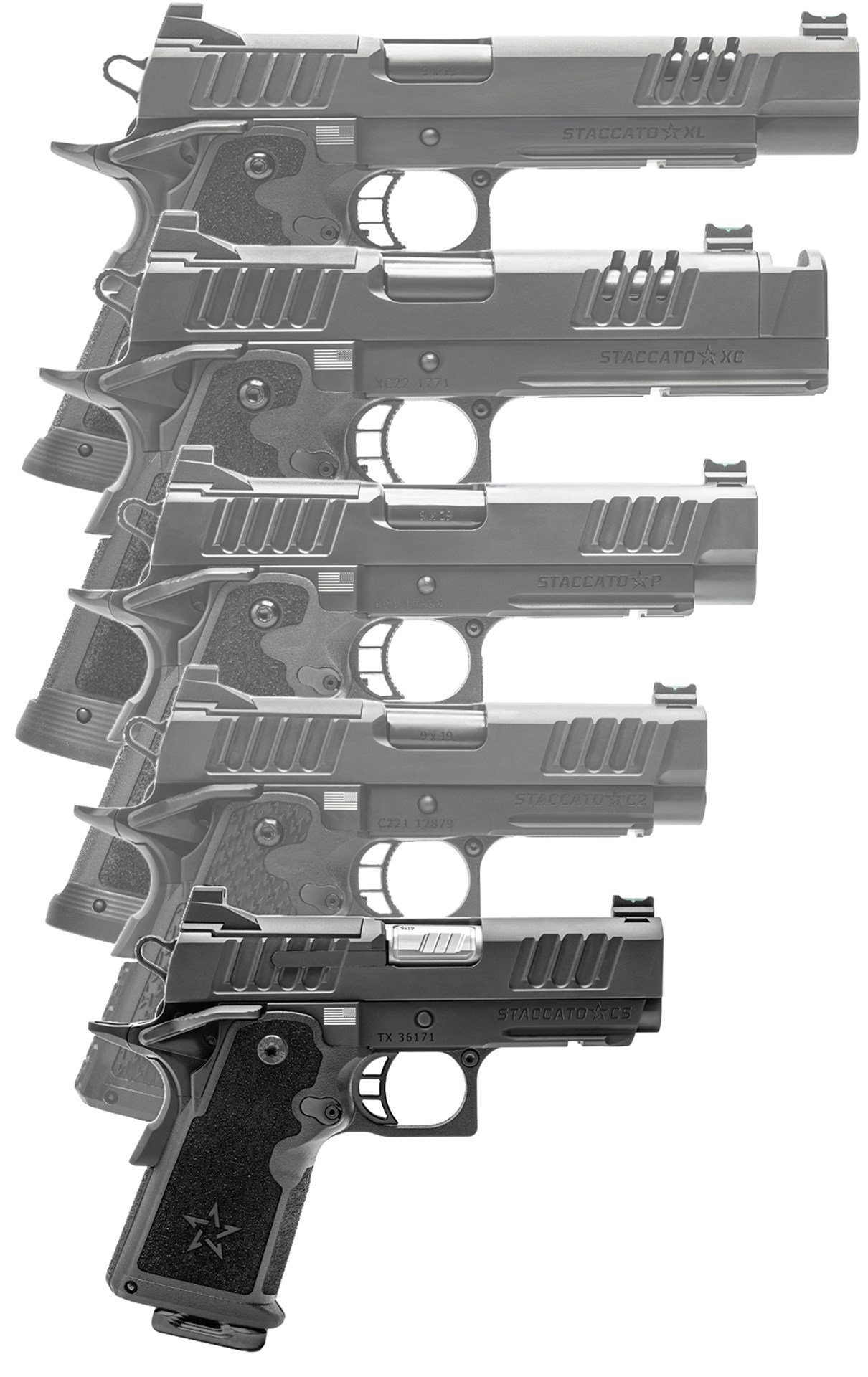 Staccato pistol stack row guns ghosted rear images accentuating STACCATO CS model at bottom 9 mm pistols hybrid m1911 polymer grip black guns