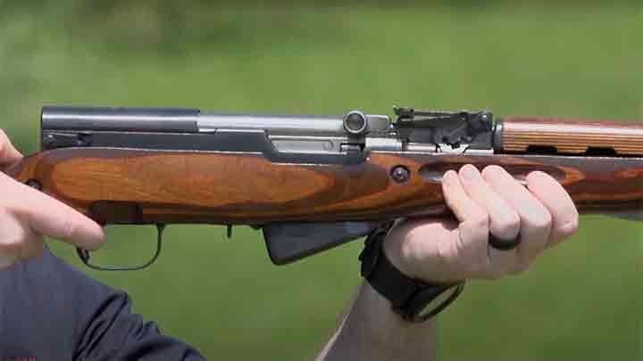 A closer view of theft side of the action and receiver of the SKS-45.