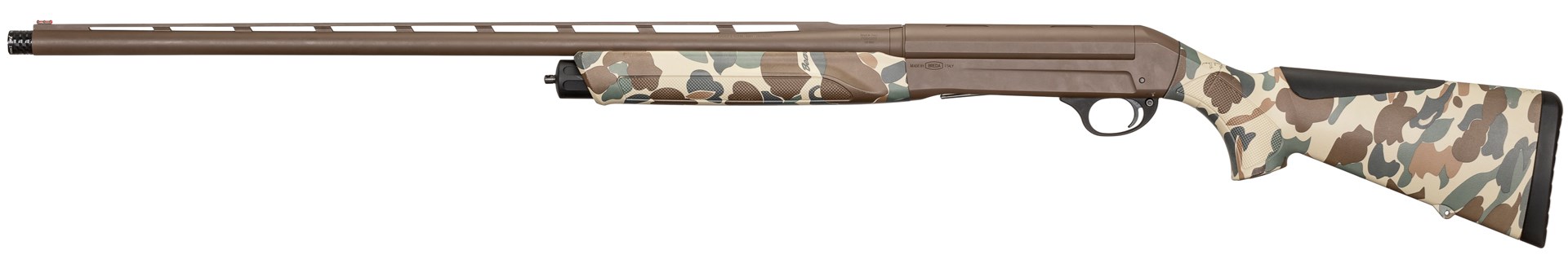 Sauer SL5 Waterfowl 12 gauge shotgun Fred Bear Old School Camouflage left-side view Brown Cerakote finish white background