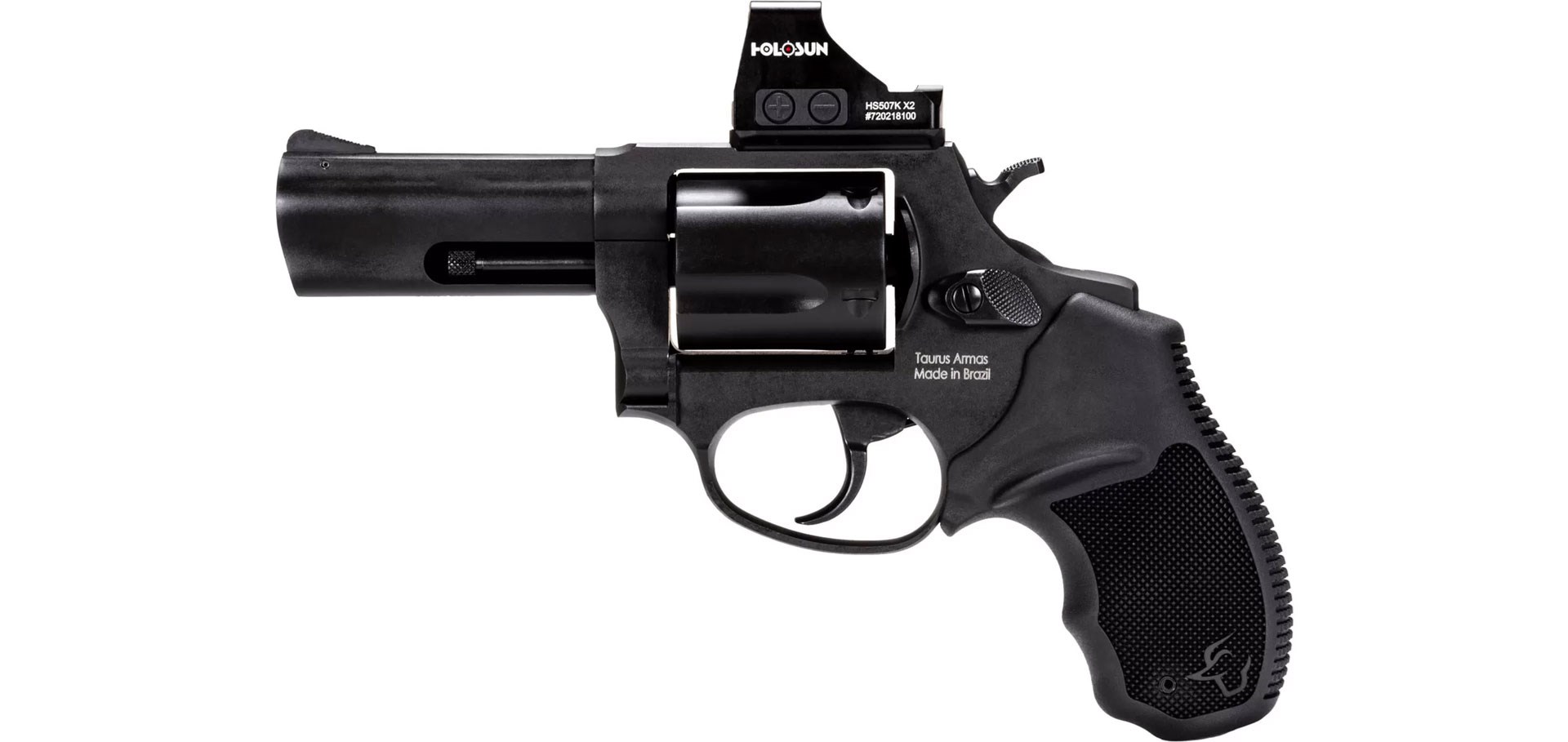 Taurus USA Model 605 T.O.R.O. black revolver .357 magnum left-side view on white shown with holosun optic mounted on top of gun