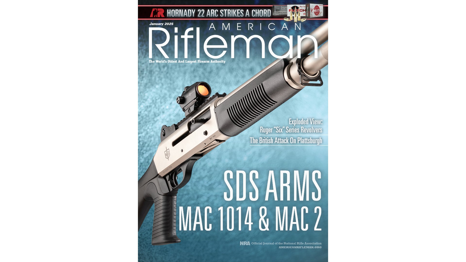 American Rifleman January 2025 magazine cover SDS Arms MAC shotgun angled view stainless steel color gun