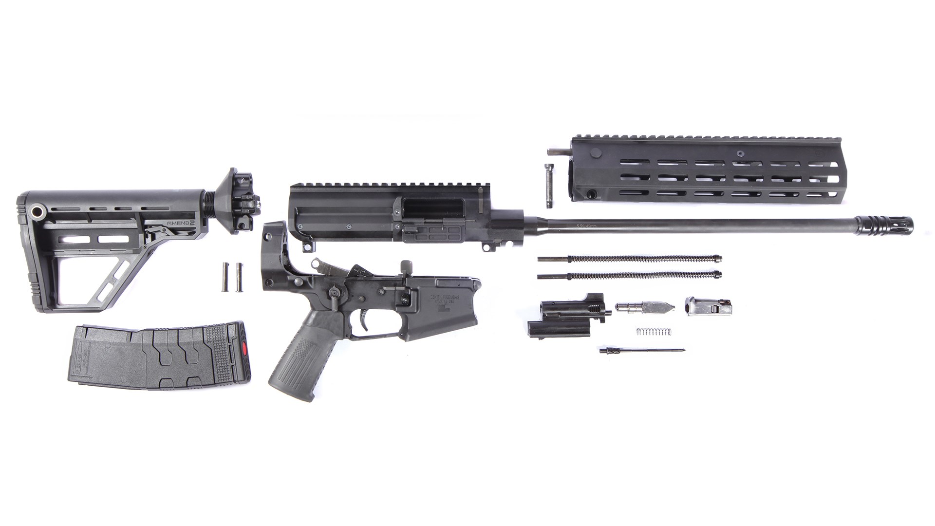Zenith ZF-56 right-side view disassembled parts arrangement stock receivers barrel handguard spring bolt grip magazine shown on white background