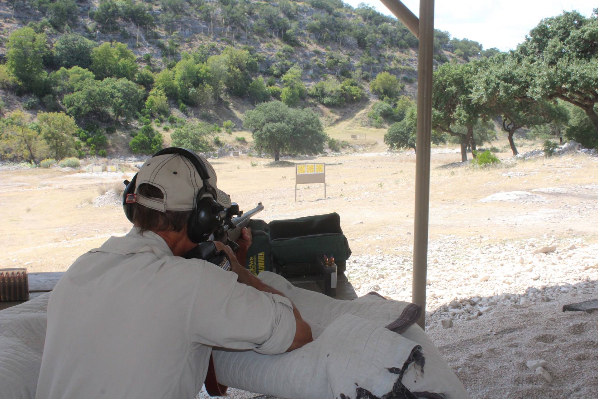 Most shooting with the dangerous game .375s was done offhand at close range, but we checked zero from the bench and rang six-inch steel gongs at 200 yards.