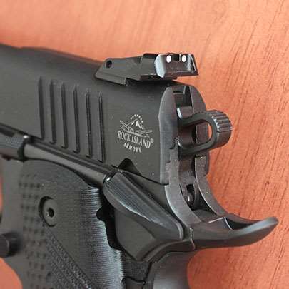 A close up view of the rear sight, hammer, beavertail and safety on the BBR 3.10.