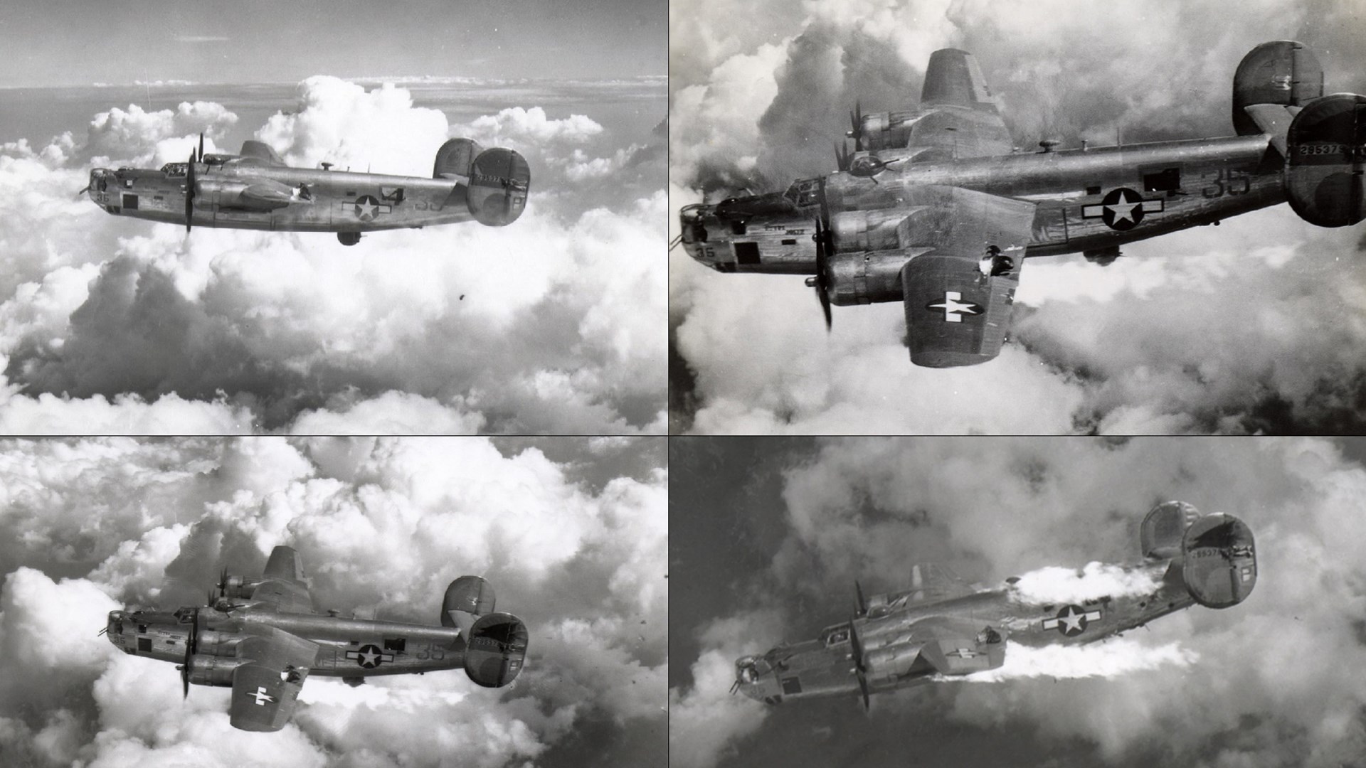 B-24 Liberator WW2 aerial photography plane shot flames going down above clouds fire four image tiles mosaic arrangement