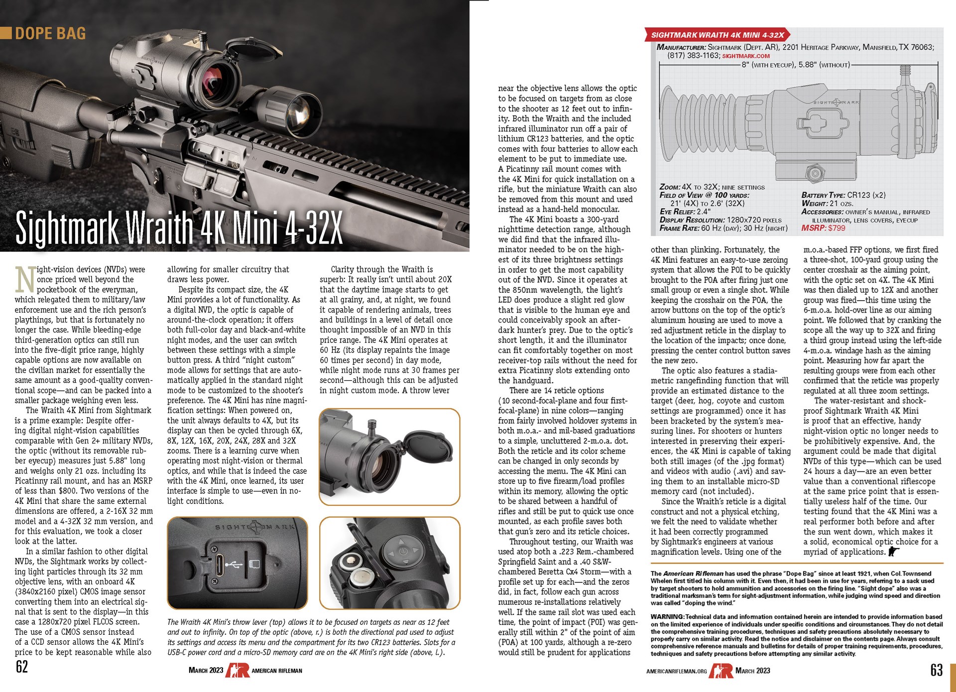 American Rifleman Dope Bag review pages screenshot magazine article words images gun rifle optics SIGHTMARK WRAITH 4K MINI night vision
